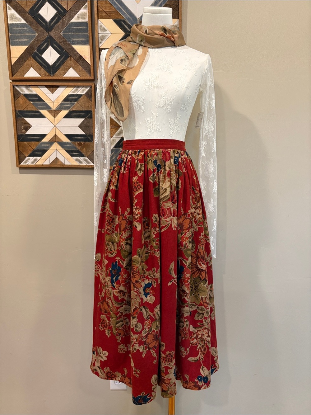Vintage Ralph Lauren Red Floral Cottagecore Long Pleated Skirt size 4 - Picture 1 of 14